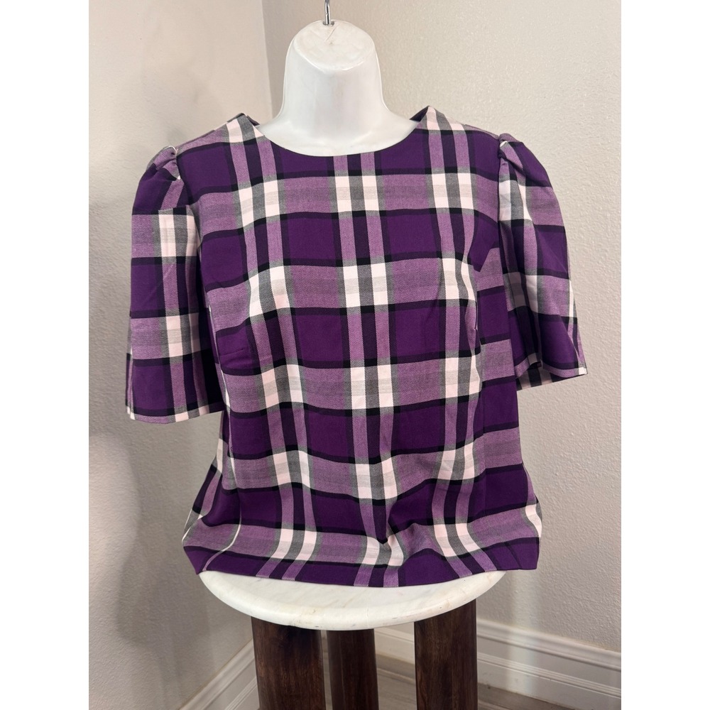 Eva Mendes NY&C Purple Plaid Puff Sleeve Blouse Back Zip Top 10 NEW